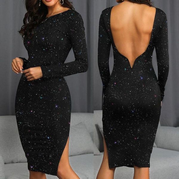 

casual dresses glitter open back winter long sleeve bodycon dress women 2021 sequined black party night club split pencil, Black;gray