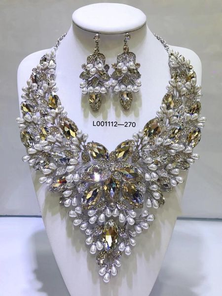 

earrings & necklace luxury gold big rhinestone bridal jewelry sets crystal statement wedding jewellery set, Silver