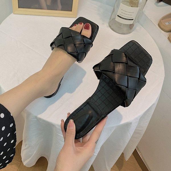 

plus size pu leather weaving beach slippers woman 2021 casual open toe flat flip flops women summer outdoor slides 42, Black