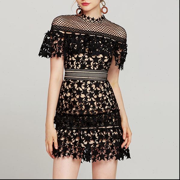 

self women dresses portrait runway lace dress summer black hollow out star vintage boho cloak sleeve party a156, Black;gray