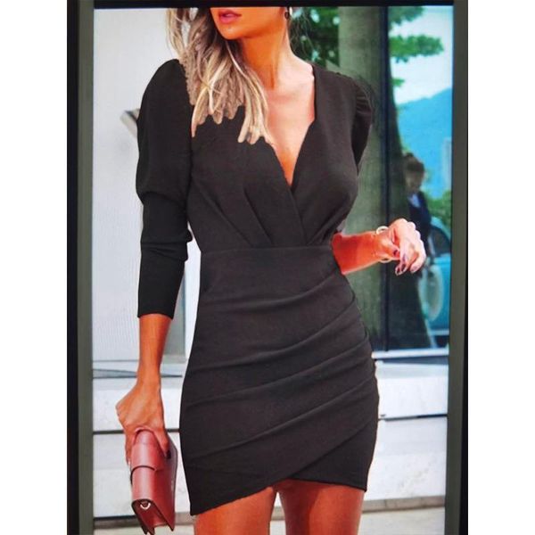 

casual dresses elegant office lady long sleeved v neck party mini dress women's spring autumn fashion pure color slim high waist, Black;gray