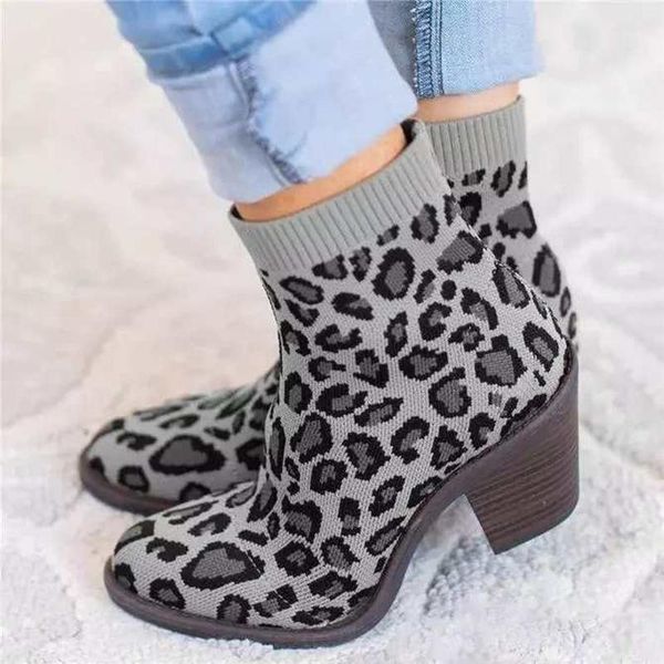 

boots leopard ankle 2021 spring women's fashion knitting pointed-toe purple chunky square heels vintage women1, Black