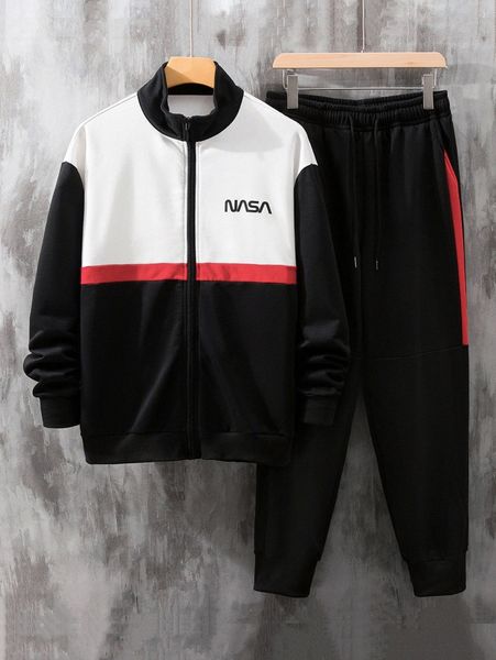 

men letter graphic colorblock jacket & contrast side seam sweatpants l8u2#, Gray
