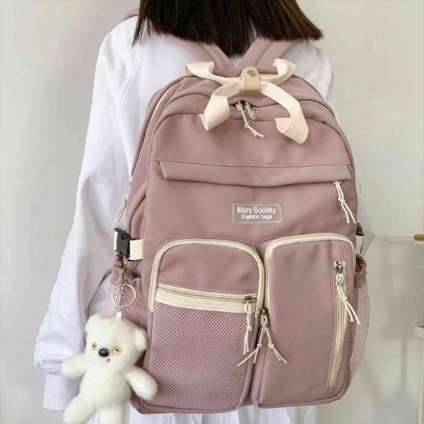 

portable buckle multiple pockets women backpack female double layer waterproof nylon school bag schoolgirl laptop