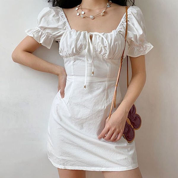

lucyever summer white elegant square collar dress women fashion ruffles puff sleeve mini dresses woman party dress lady 210521, Black;gray