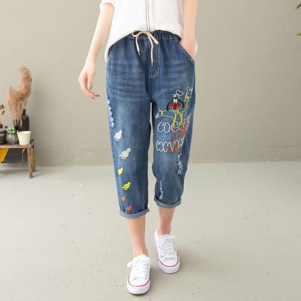

women's jeans fashion women england style high street vintage cartoon embroidery waist harem female casual denim pants, Blue