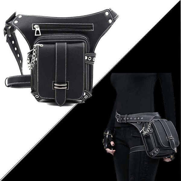 

steampunk punk retro waist bag pu moto biker shoulder gothic messenger motorcycle leg female phone black 210719