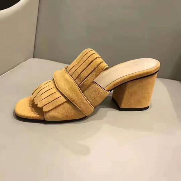 

slippers women slides sandals brand design genuine leather tassel designer high heels lady shoes luxury fashion, Black