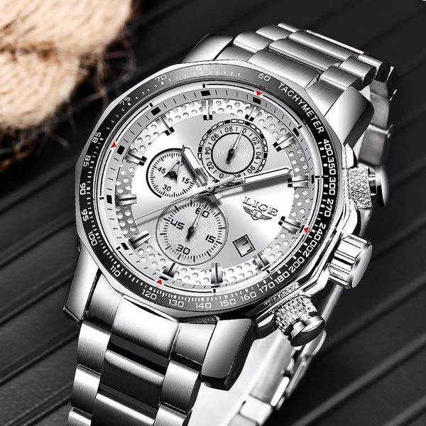 

wristwatches lige fashion sports men watches silver business stainless steel water proof watch relogio masculino, Slivery;brown