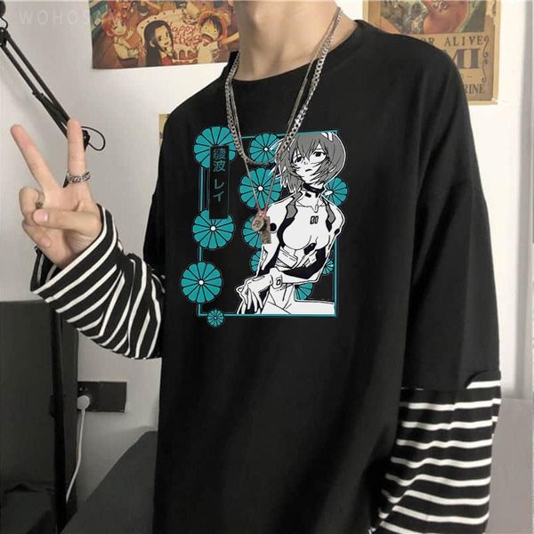 

men's t-shirts funny japanese anime rei ayanami t shirts men harajuku manga fashion streets oversized casual long sleeve striped shir, White;black