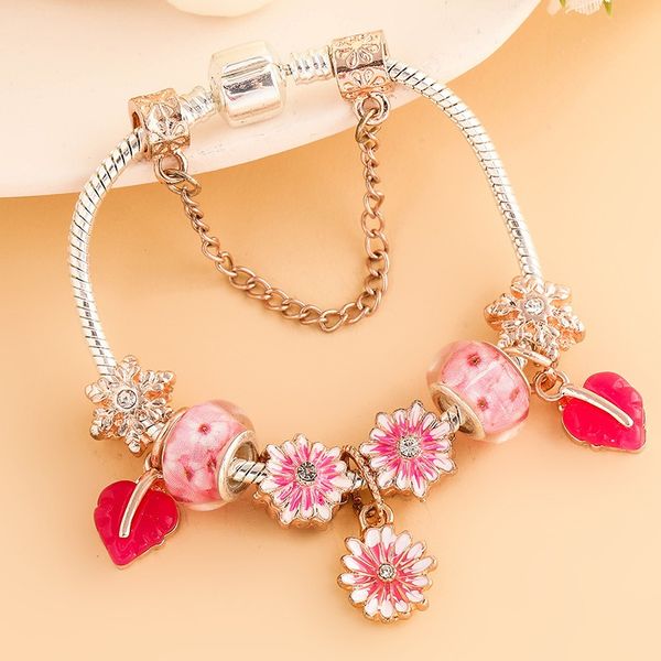 

16-21cm new charm bracelet 925 silver fit pandora european bracelets daisy flower cherry red enamel pendant petal bead rainbow charm bead ac, Black