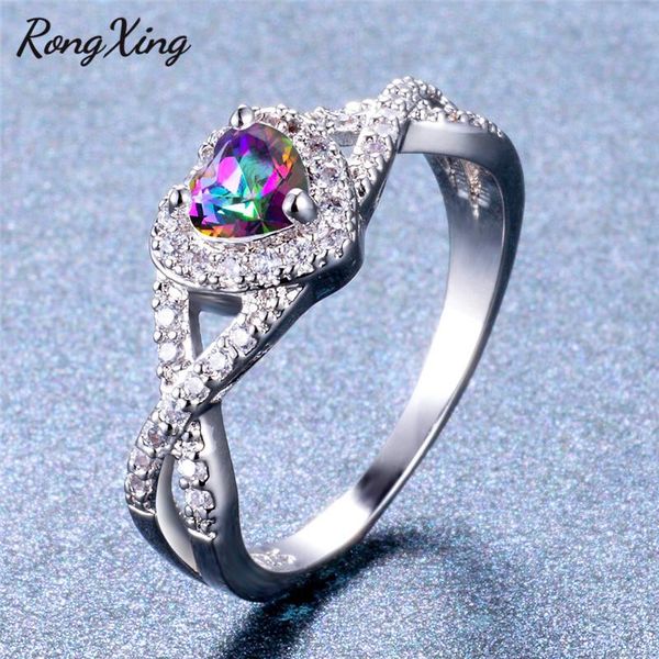 

wedding rings rongxing mystic rainbow heart zircon infinity for women silver color multicolor birthstone ring gift, Slivery;golden