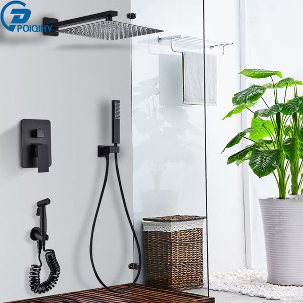 

matte black embedded wall shower set bathroom faucet mixer pressurized bidet spray nozzle concealed system sets