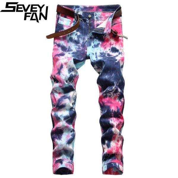 

seveyfan men's printed tie dyed straight cut stretch jeans, large 402021, Blue