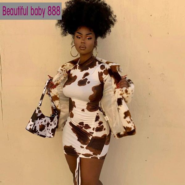 

casual dresses meqeiss aesthetic printed stacked bodycon dress women chic drawstring club mini 2021 stretch activity all-match streetwear, Black;gray