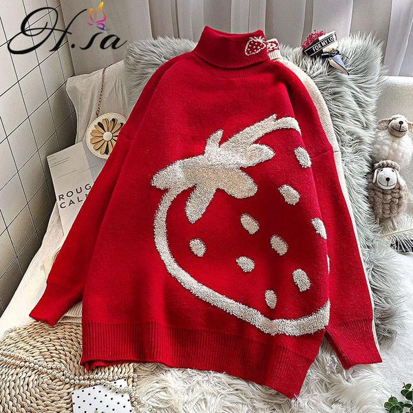 

women's sweaters h.sa 2021 korean oversized sweater women autumn winter strawberry turtleneck pullover long sleeve knit loose, White;black