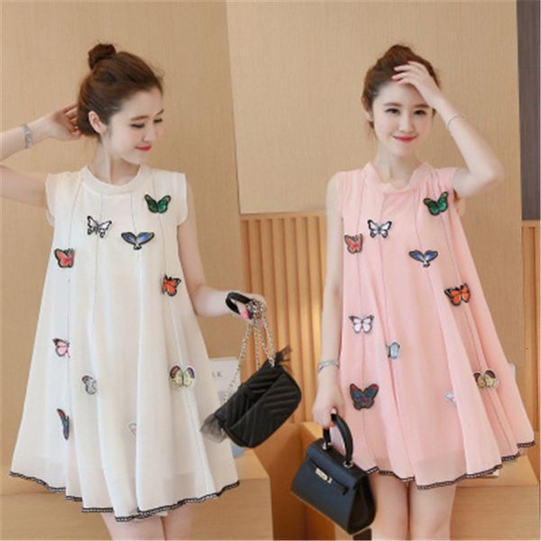 

maternity dress 3d butterfly summer chiffon maternity clothes for pregnant women pleated es sleeveless pregnancy clothings plus size, White