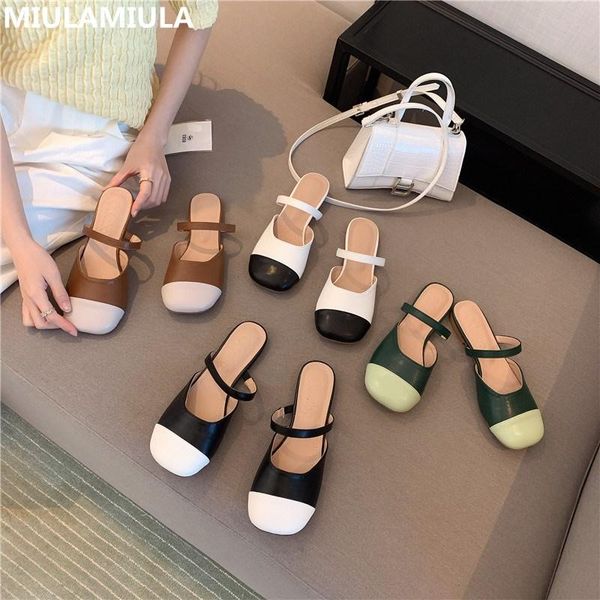 

slippers 2021 summer korean fashion square toe mix colors flat leather slipper brand designer socofy slip on loafers mules flip flops, Black