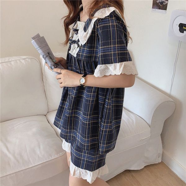 

pajama sets women homewear cotton plaid lace bowknot short patchwork kawaii womens cute lolita style 2 piece 2021 pajamas new, Black;red
