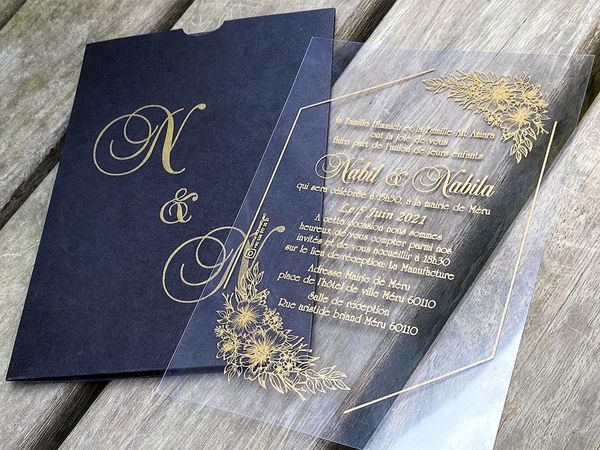 

personalized transparent wedding invitation with 50 black envelopes greeting cards