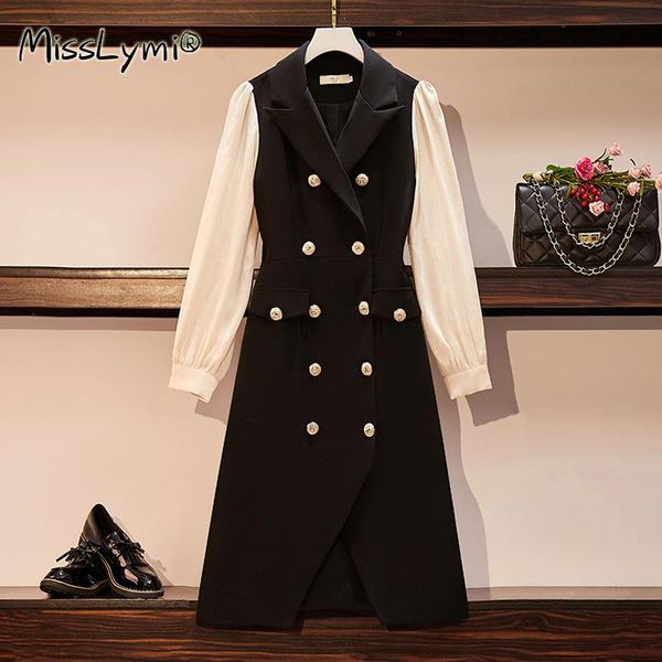 

casual dresses 5xl plus size women elegant blazer dress autumn 2021 fashion puff long sleeve patchwork double breasted ladies office, Black;gray