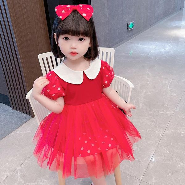 

summer girls dress children printed polka dot lace birthday party princess fashion kids vacation clothes girl's dresses, Red;yellow