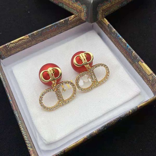 

charms 2021 d home diamond inlaid letter red fire pearl earrings feminine long style atmosphere versatile pendant, Golden