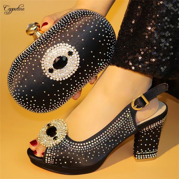 

excellent black evening party women high heels shoes and purse bag set with luxury stones 99638-2 height 9.5cm dress