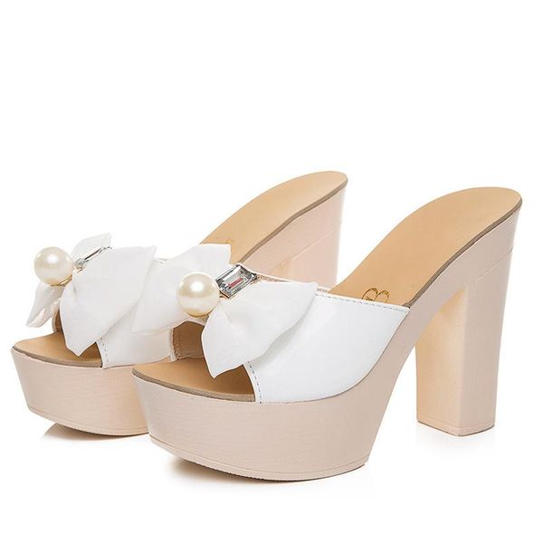 

summer of nice the diamond han edition thick with cool slippers bowknot high-heeled sandals word tow fish mouth shoes wet, Black