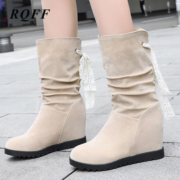 

boots 2021 autumn winter ankle for women big size 43 round toe height increasing slip on shoes woman beige black brown boot