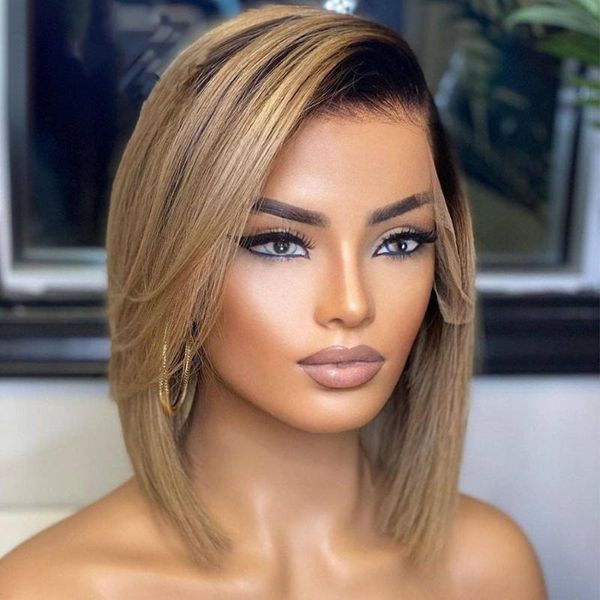 

lace wigs ombre highlight ash blond short cut bob 13x4lace front wig with baby hair brazilian human remy for black women preplucked, Black;brown