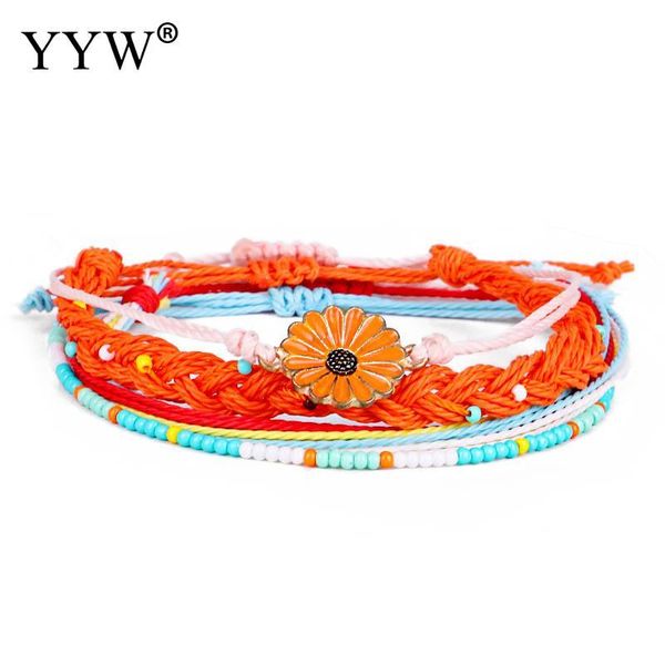 

link, chain waxed cotton cord bracelet set woven flower adjustable colorful wristband vintage women jewelry accessories feminine, Black