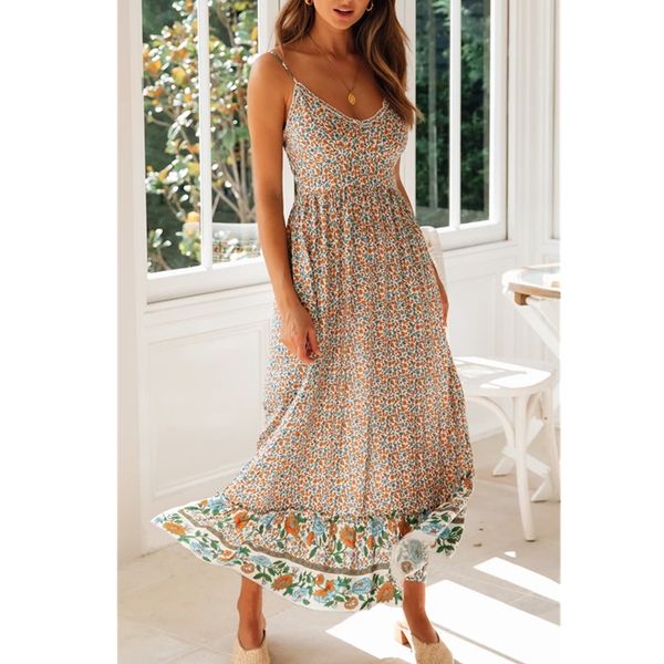 

2021 womens sling floral long dresses summer boho v-neck sleeveless holiday party beach maxi dress casual sundressby air, Black;white