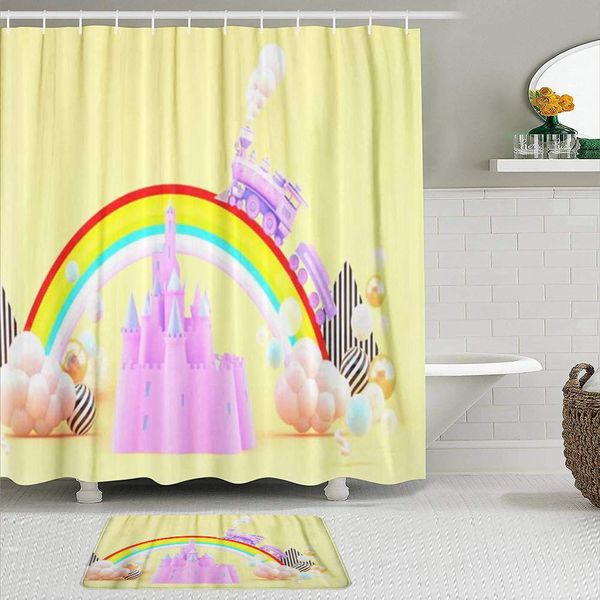 

fabric shower curtain and mats set,christmas the castle covered with rainbow and train on orange background rendering,waterproof