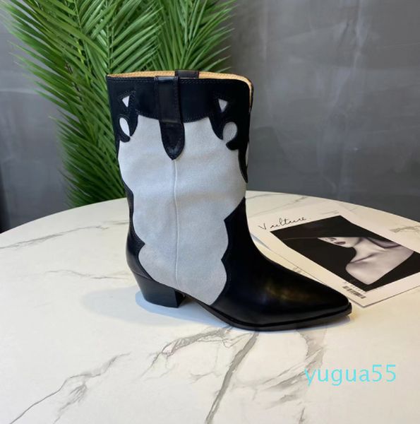 

designer autumn womens half boots black white light tan mixed color leather pointed toe booties classic chunky low heels cowboy