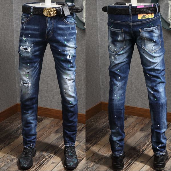 

bleach wash vintage jeans for man cool guy color paint ripped pentil leg and fashion kg-289, Blue