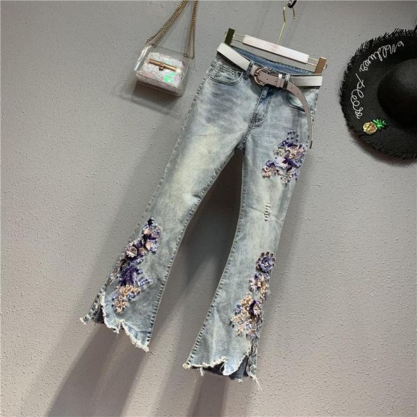

women's jeans european flare women high waist 2021 spring summer beads flower chic denim trousers female skinny pants, Blue