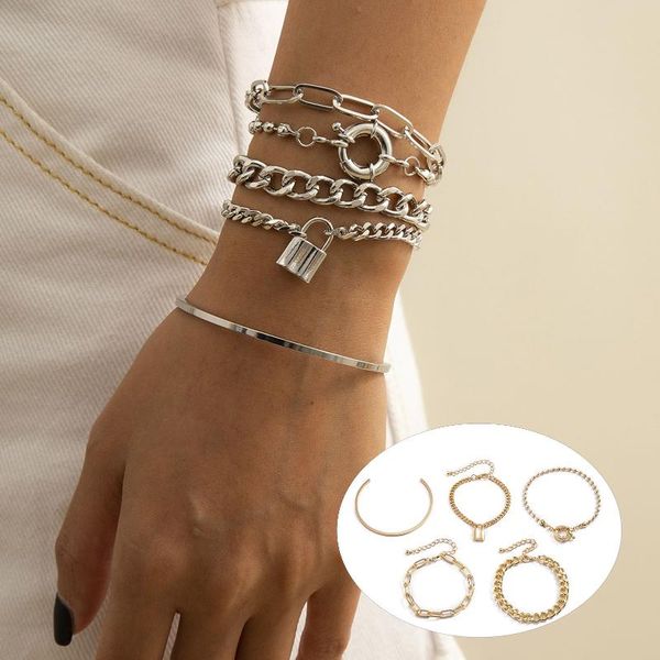 

link, chain 5pcs bracelet set geometric charming stainless punk bracelets decoration for girl women as gift, Black