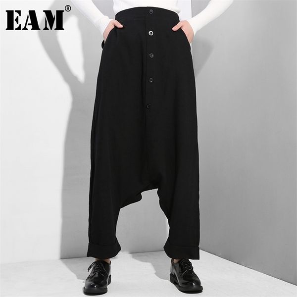 

[eam] spring autumn high elastic waist black button split joint thin loose cross-pant trousers fashion yg25 211007, Black;white