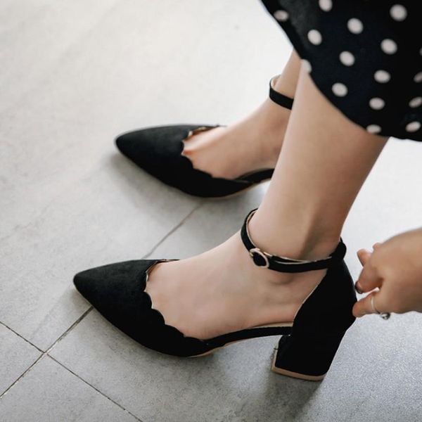 

dress shoes big size 11 12 13 14 15 16 17 ladies high heels women woman pumps lady with buckled thick and single, Black