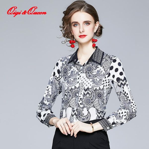 

women's blouses & shirts qiqi&queen office lady blusa 2021 winter vintage print elegant chiffon simple long sleeve casual, White
