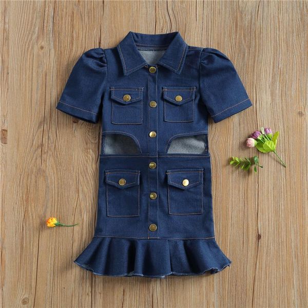 

girl's dresses fashion little girls vintage denim dress lapel short sleeve cut out buttons ruffle 1-6years, Red;yellow