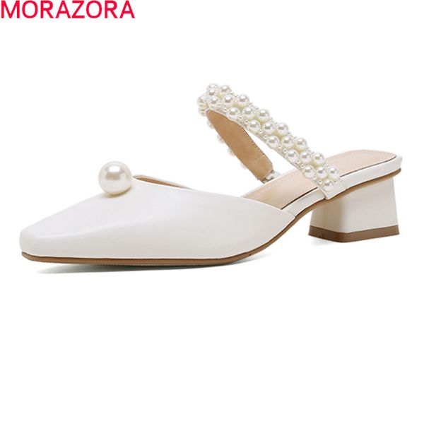 

morazora arrival women slippers genuine leather simple summer shoes med heels square toe ladies mules shoes 210506, Black