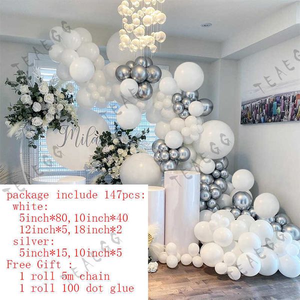 147 pezzi bianco cromato metallizzato argento palloncino ghirlanda kit arco per compleanno decorazione festa nuziale palloncini sposa baby shower X072282j