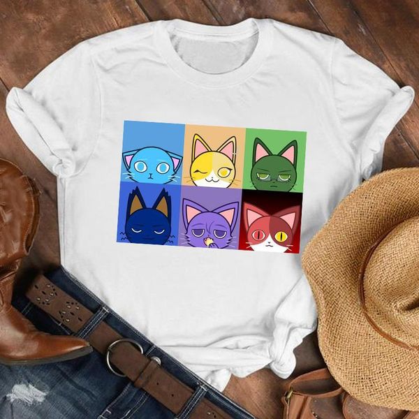 

women's t-shirt women lady cat kawaii 90s fashion ladies girl cartoon shirt clothes tshirt tee womens female print t graphic, White