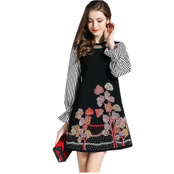 

casual dresses jsxdhk 2021 autumn women a line dress vestidos black patchwork striped embroidery floral flare sleeve slim ol, Black;gray