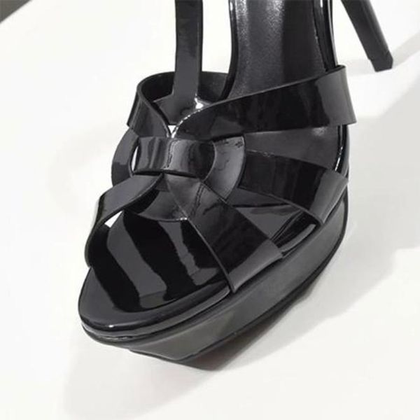 

designer- patent leather platform sandals stiletto shoes /14 cm t-strap high heels, Black