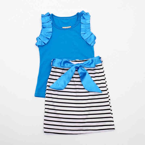 Roupa de meninas Conjunto de verão Fungo Sleeve Vest Top + Saia listrada 2 Peças de bebê Casual Crianças 210515
