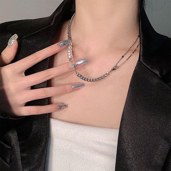 

pearl stitching necklace female titanium steel love cross clavicle chain niche design sense simple accessories chokers, Golden;silver