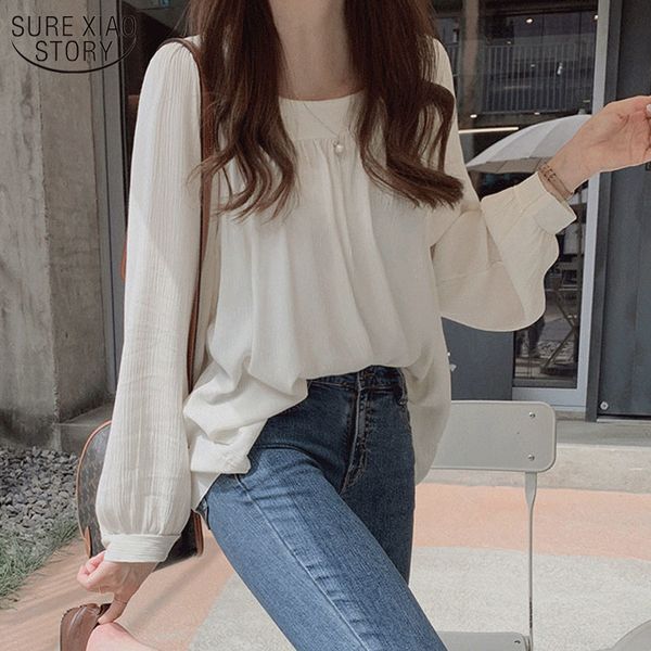 

autumn long sleeve loose shirt women square collar cotton blouse apricot puff pullover 11696 210508, White